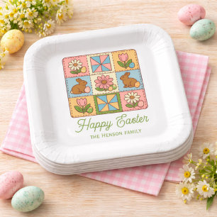 Gelukkig Pasen Konijn Quilt Patroon Familie Papieren Bordje