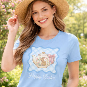 Gelukkig Pasen Konijn Theepot Geruit T-shirt