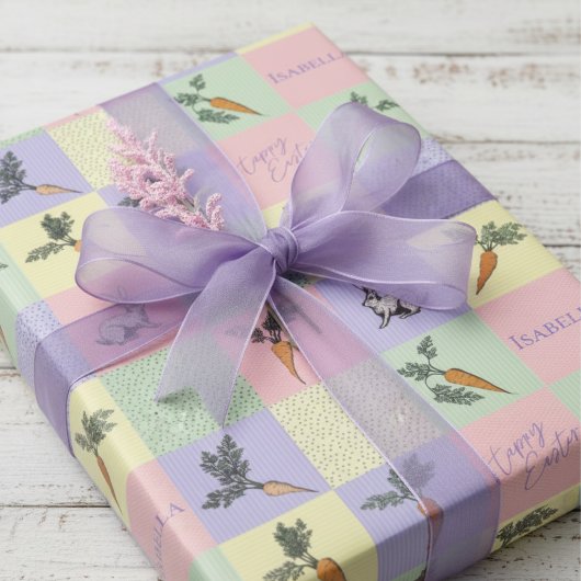 Gelukkig Pasen Konijn & Wortel Vierkantjes Cadeaupapier