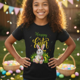Gelukkig Pasen Konijn Zonnebloemen Meisjes Zwarte T-shirt