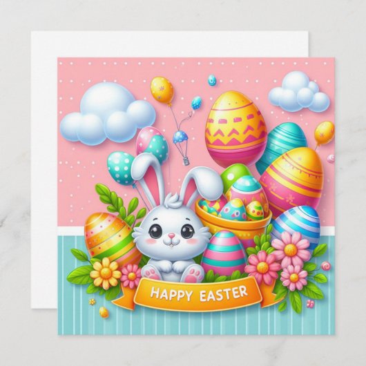 Gelukkig Pasen - Konijneneieren in pastelkleuren Feestdagenkaart (Voorkant / Achterkant)