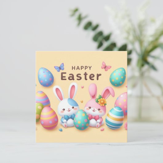 Gelukkig Pasen - Konijneneieren in pastelkleuren Feestdagenkaart (Staand voorkant)