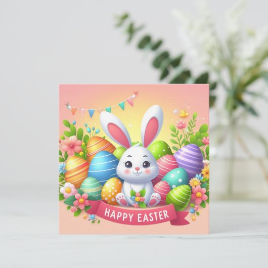 Gelukkig Pasen - Konijneneieren in pastelkleuren Feestdagenkaart (Staand voorkant)