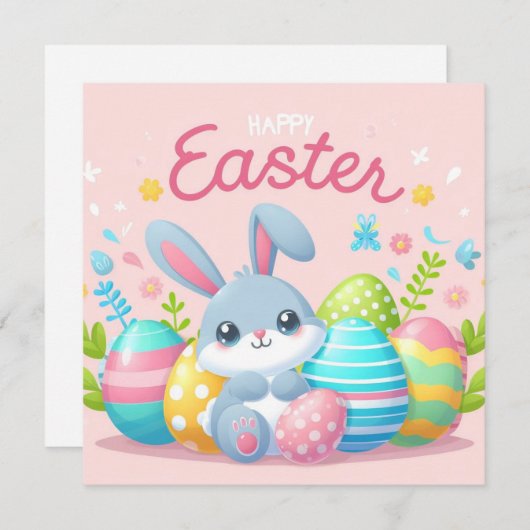 Gelukkig Pasen - Konijneneieren in pastelkleuren Feestdagenkaart (Voorkant / Achterkant)