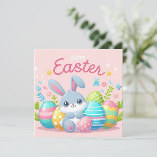 Gelukkig Pasen - Konijneneieren in pastelkleuren Feestdagenkaart (Staand voorkant)