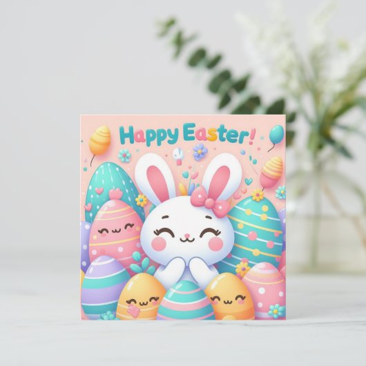 Gelukkig Pasen - Konijneneieren in pastelkleuren Feestdagenkaart (Staand voorkant)