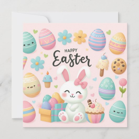 Gelukkig Pasen - Konijneneieren in pastelkleuren Feestdagenkaart (Voorkant)