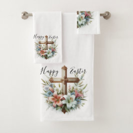 Gelukkig Pasen Kruis met Pasen Lelies Bad Handdoek