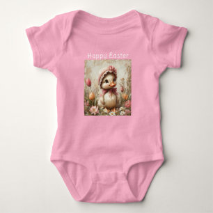 Gelukkig Pasen Kuiken Roze Hoed Tulpen Madeliefjes Romper