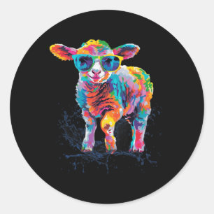 Gelukkig Pasen Lam Schaap Kleurrijke Kunst Met Zon Ronde Sticker