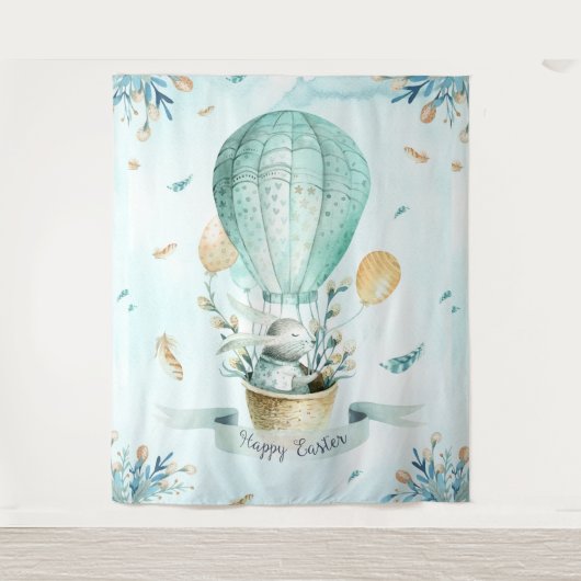 Gelukkig Pasen Leuk Konijntje & Ballons Ontwerp Wandkleed (Voorkant)