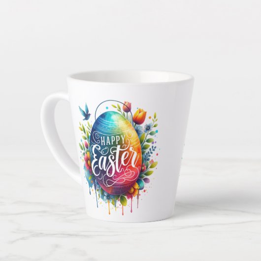 Gelukkig Pasen: Levendige Waterverf Paasei Latte Mok (Linkerhoek)