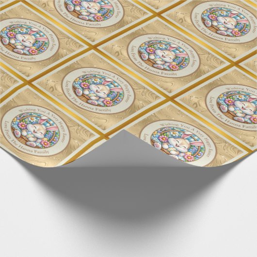 Gelukkig Pasen Met Schattige Konijntje, Eieren, en Cadeaupapier (Hoek)