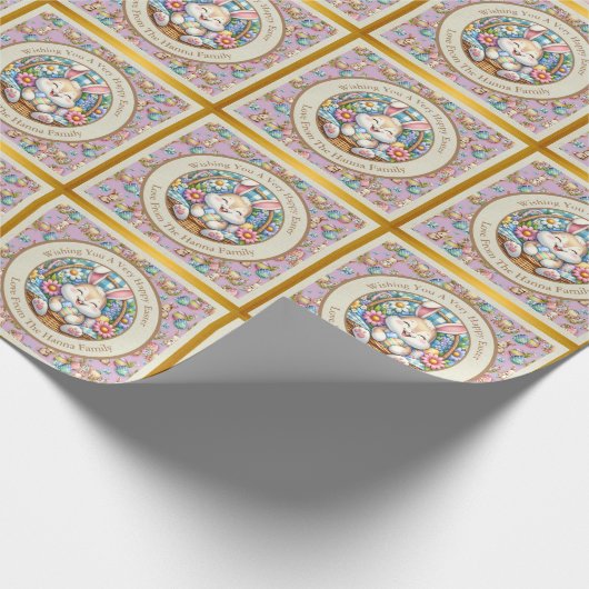 Gelukkig Pasen Met Schattige Konijntje, Eieren, en Cadeaupapier (Hoek)