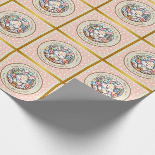 Gelukkig Pasen Met Schattige Konijntje, Eieren, en Cadeaupapier (Hoek)