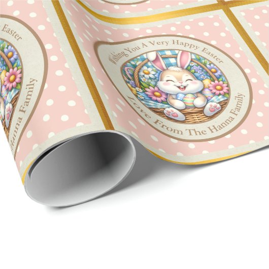 Gelukkig Pasen Met Schattige Konijntje, Eieren, en Cadeaupapier (Rol Hoek)