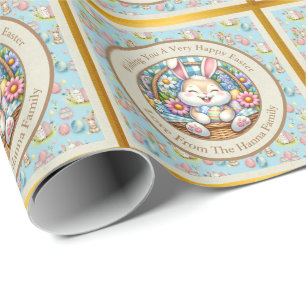 Gelukkig Pasen Met Schattige Konijntje, Eieren, en Cadeaupapier