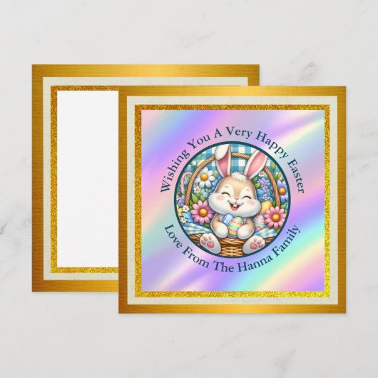 Gelukkig Pasen Met Schattige Konijntje, Eieren, en Kaart (Voorkant / Achterkant)
