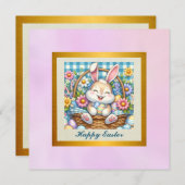 Gelukkig Pasen Met Schattige Konijntje, Eieren, en Kaart (Voorkant / Achterkant)