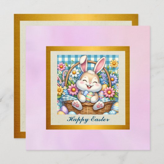 Gelukkig Pasen Met Schattige Konijntje, Eieren, en Kaart (Voorkant / Achterkant)