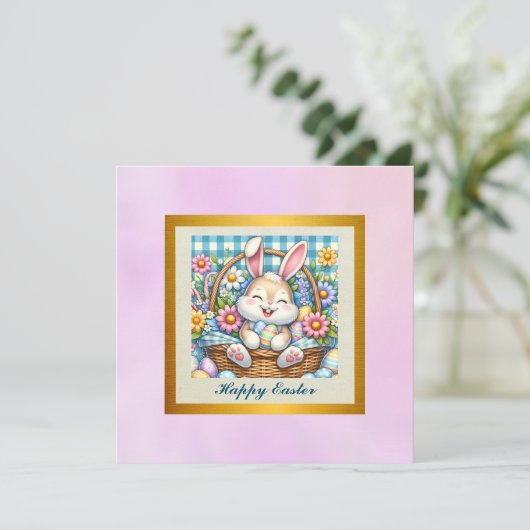 Gelukkig Pasen Met Schattige Konijntje, Eieren, en Kaart (Staand voorkant)