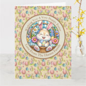 Gelukkig Pasen Met Schattige Konijntje, Eieren, en Kaart (Gele Bloem)