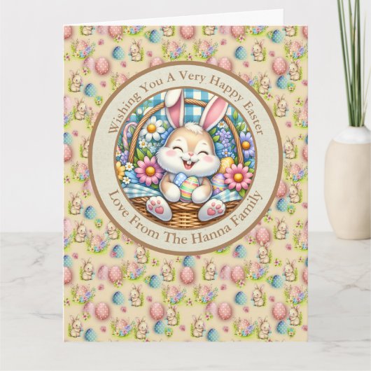 Gelukkig Pasen Met Schattige Konijntje, Eieren, en Kaart (Voorkant)
