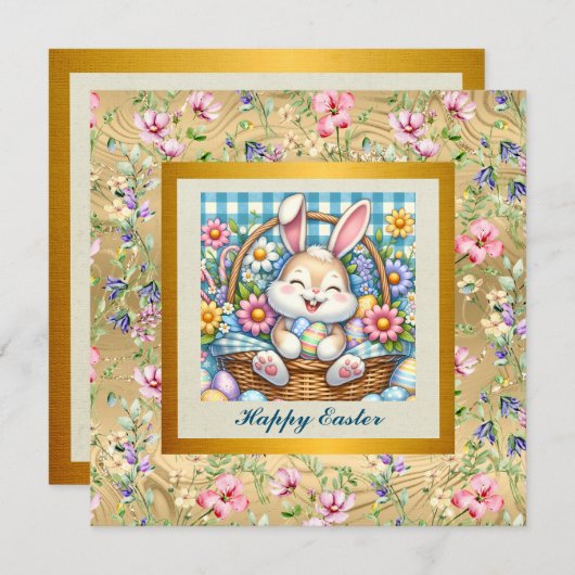 Gelukkig Pasen Met Schattige Konijntje, Eieren, en Kaart (Voorkant / Achterkant)