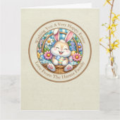 Gelukkig Pasen Met Schattige Konijntje, Eieren, en Kaart (Gele Bloem)