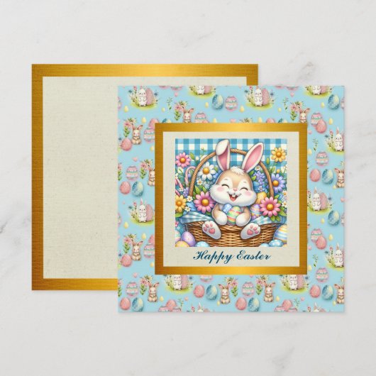Gelukkig Pasen Met Schattige Konijntje, Eieren, en Kaart (Voorkant / Achterkant)
