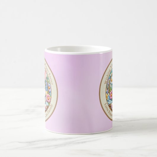 Gelukkig Pasen Met Schattige Konijntje, Eieren, en Koffiemok (Center)