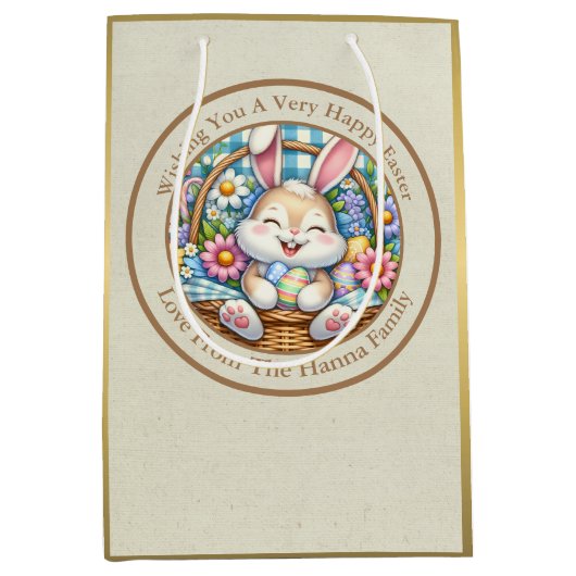 Gelukkig Pasen Met Schattige Konijntje, Eieren, en Medium Cadeauzakje (Voorkant)