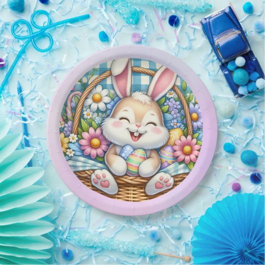 Gelukkig Pasen Met Schattige Konijntje, Eieren, en Papieren Bordje (Feest)