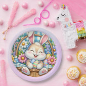 Gelukkig Pasen Met Schattige Konijntje, Eieren, en Papieren Bordje (Feest)