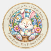 Gelukkig Pasen Met Schattige Konijntje, Eieren, en Ronde Sticker (Voorkant)