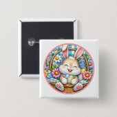 Gelukkig Pasen Met Schattige Konijntje, Eieren, en Vierkante Button 5,1 Cm (Voorkant /achterkant)