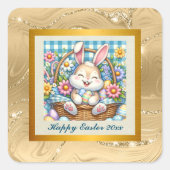 Gelukkig Pasen Met Schattige Konijntje, Eieren, en Vierkante Sticker (Voorkant)