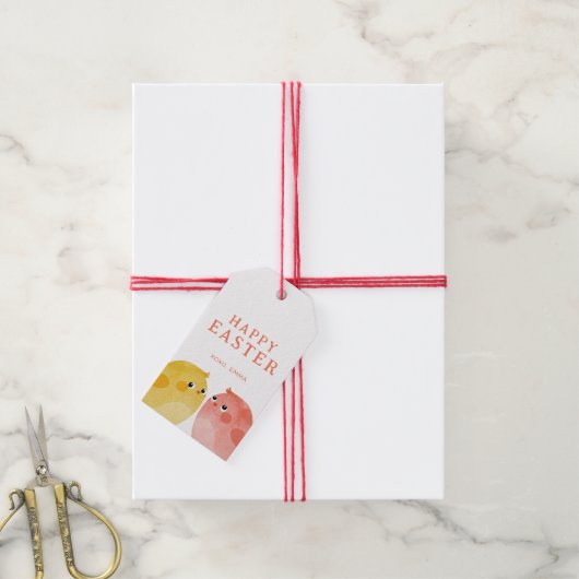 Gelukkig Pasen met twee kippen in geel en roze Cadeaulabel (Met Touw)