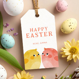 Gelukkig Pasen met twee kippen in geel en roze Cadeaulabel