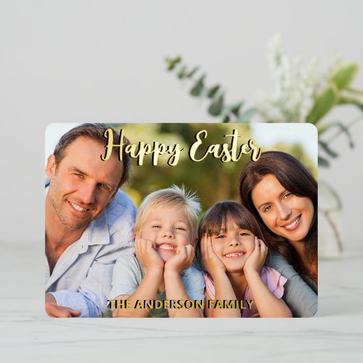 Gelukkig Pasen Modern Elegant Script Custom Photo Folie Feestdagenkaart (Staand Voorkant)