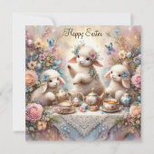 Gelukkig Pasen Pastel Bloemen Lam Tea Party Feestdagenkaart (Voorkant)