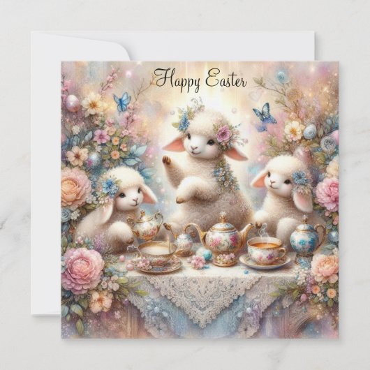 Gelukkig Pasen Pastel Bloemen Lam Tea Party Feestdagenkaart (Voorkant)