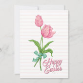 Gelukkig Pasen Roze Tulp Bloem Bow Stripes Lente Feestdagenkaart (Voorkant)