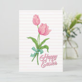 Gelukkig Pasen Roze Tulp Bloem Bow Stripes Lente Feestdagenkaart (Staand voorkant)