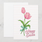 Gelukkig Pasen Roze Tulp Bloem Bow Stripes Lente Feestdagenkaart (Voorkant / Achterkant)