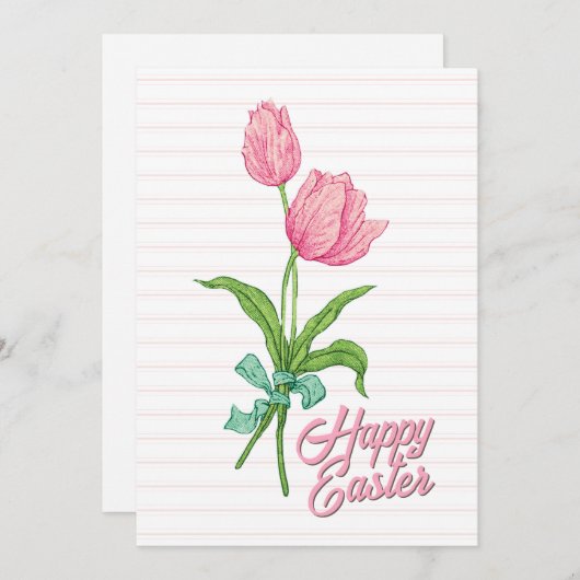 Gelukkig Pasen Roze Tulp Bloem Bow Stripes Lente Feestdagenkaart (Voorkant / Achterkant)
