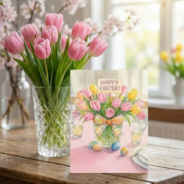 Gelukkig Pasen Roze Tulpen Familie Wenskaart