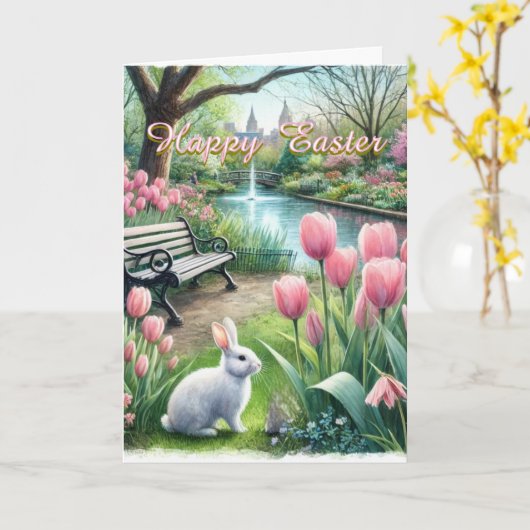 Gelukkig Pasen Roze Tulpen Vouwbare Wenskaart Kaart (Gele Bloem)