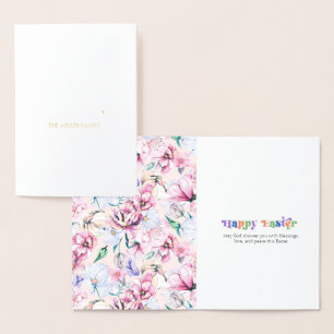 Gelukkig Pasen Typografie Pastel Bloemen Patroon Folie Kaarten