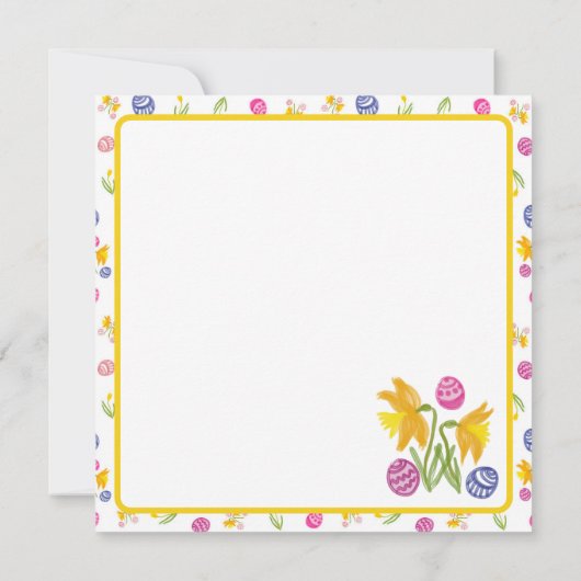 Gelukkig Pasen versierd ei, kip en zon Aankondiging (Achterkant)